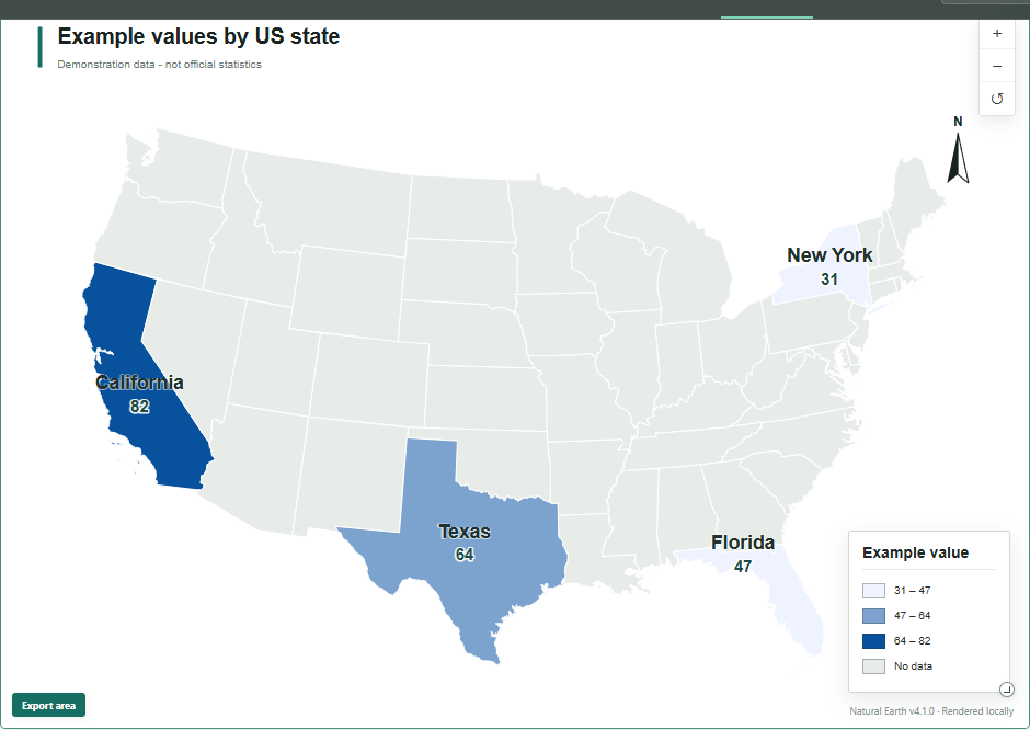 US state data map showing California 82, Texas 64, Florida 47 and New York 31, with other states gray
